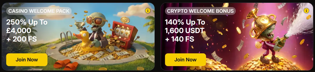Zombillion Casino — Casino Welcome Pack 250% up to £4,000 + 200 FS and Crypto Welcome Bonus 140% up to 1,600 USDT + 140 FS